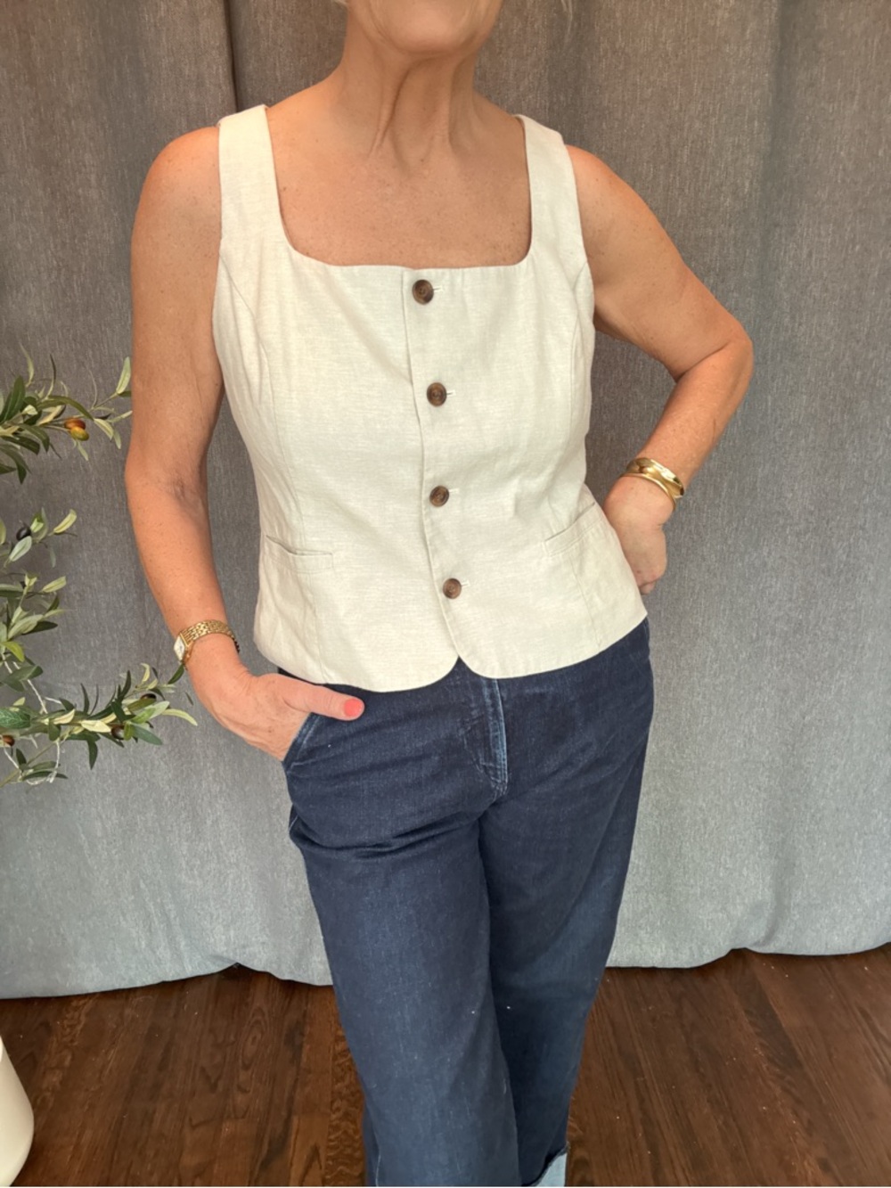J. Crew Flax Square-Neck Linen-Blend Button Front Vest